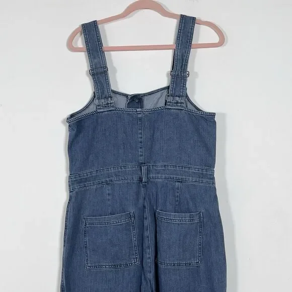 Aerie Denim Kick Flare Overalls Wide Leg Jumpsuit Womens Sz L Blue Button Front - Picture 7 of 16